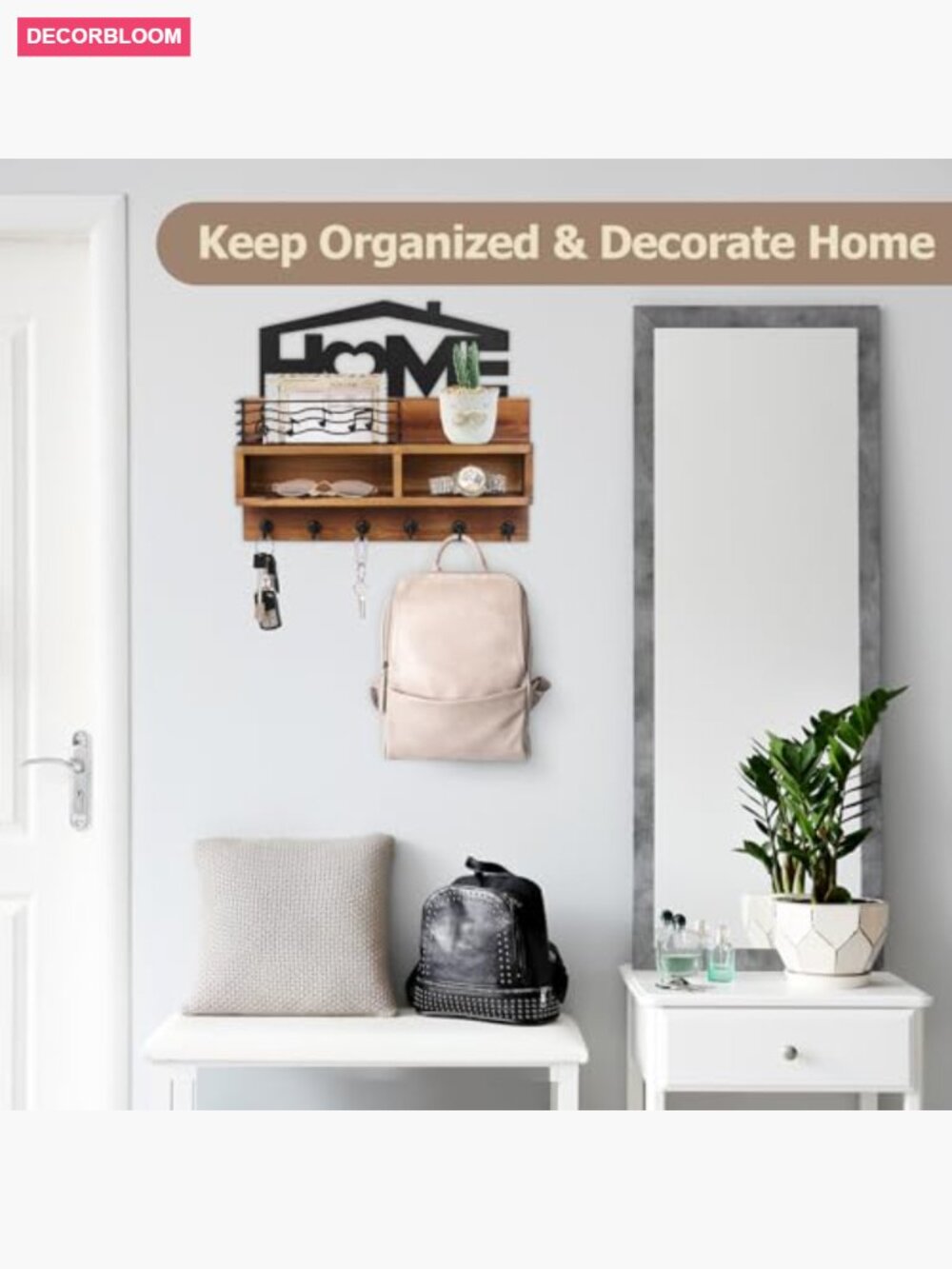 Wooden Key Holder Wall Mount with Shelf and 6 Hooks - Picture 4 of 7